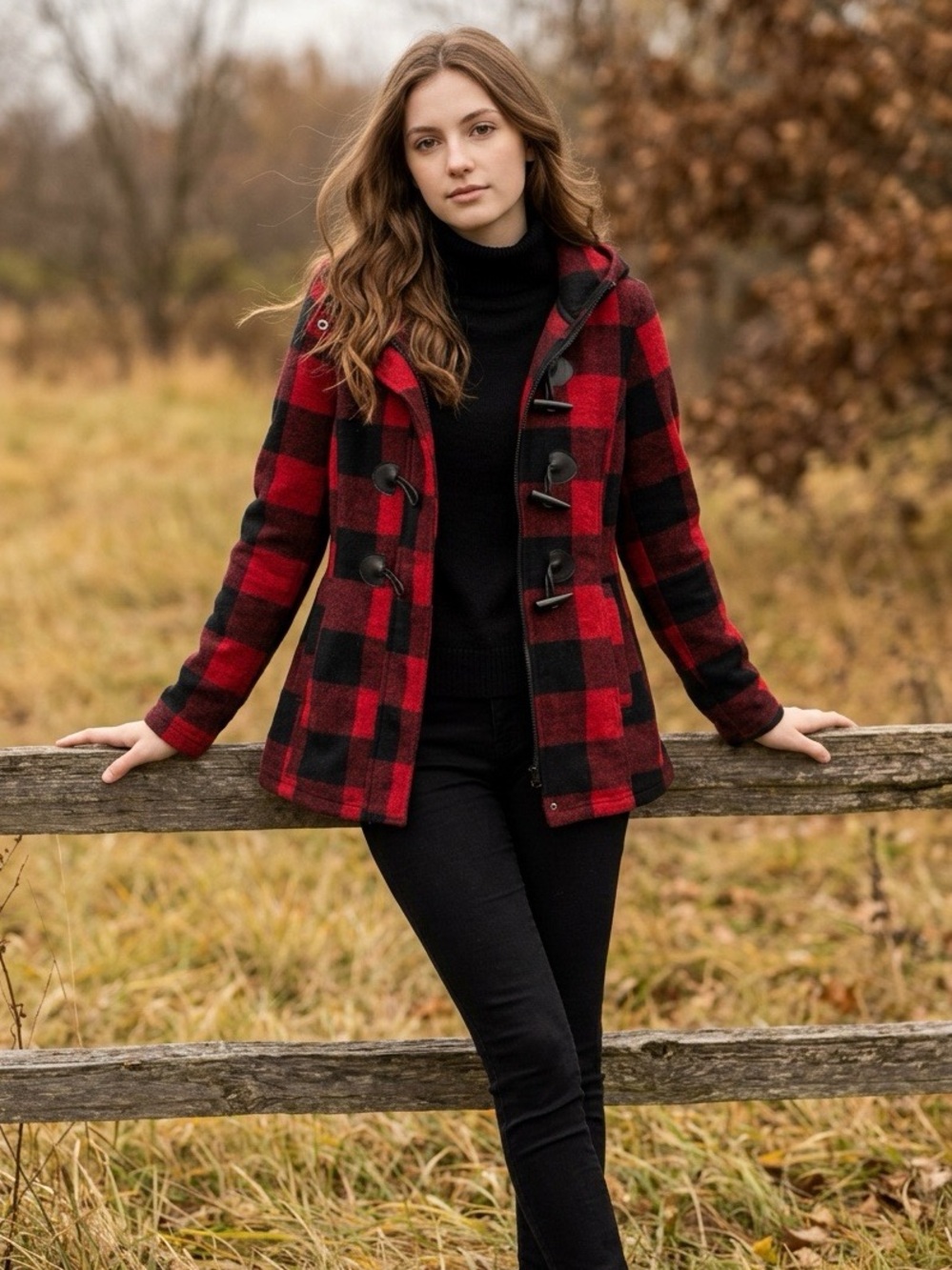 Madden Girl Red/Black Checkered Hooded Peacoat Size Small